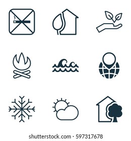Set Of 9 Eco Icons. Includes Save World, Cigarette, Clear Climate And Other Symbols. Beautiful Design Elements.