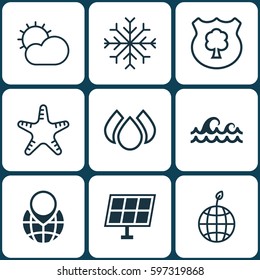 Set Of 9 Eco Icons. Includes World Ecology, Timber, Ocean Wave And Other Symbols. Beautiful Design Elements.