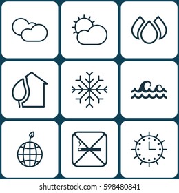 Set Of 9 Eco Icons. Includes Clear Climate, Aqua, Cigarette And Other Symbols. Beautiful Design Elements.