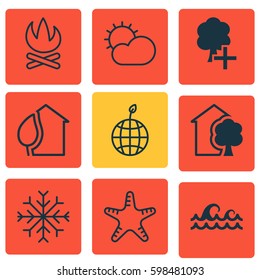 Set Of 9 Eco Icons. Includes House, Ocean Wave, Clear Climate And Other Symbols. Beautiful Design Elements.