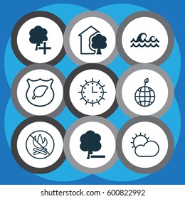 Set Of 9 Eco Icons. Includes Delete Woods, Ocean Wave, Fire Banned And Other Symbols. Beautiful Design Elements.