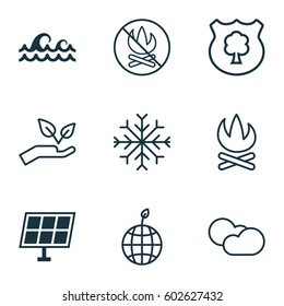 Set Of 9 Eco Icons. Includes Snow, Sun Power, Bonfire And Other Symbols. Beautiful Design Elements.