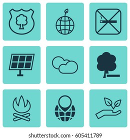 Set Of 9 Eco Icons. Includes World Ecology, Cloud Cumulus, Delete Woods And Other Symbols. Beautiful Design Elements.