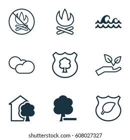 Set Of 9 Eco Icons. Includes Timber, Fire Banned, Ocean Wave And Other Symbols. Beautiful Design Elements.