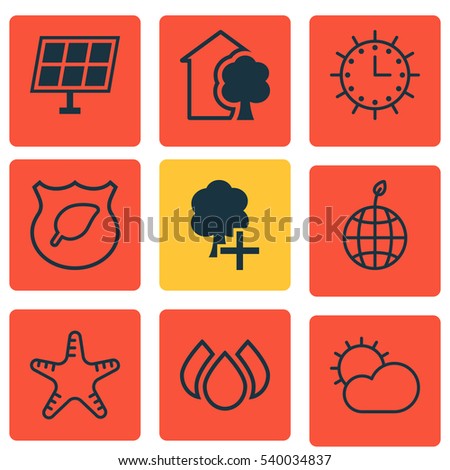 Set Of 9 Eco Icons. Includes Guard Tree, Insert Woods, Clear Climate And Other Symbols. Beautiful Design Elements.