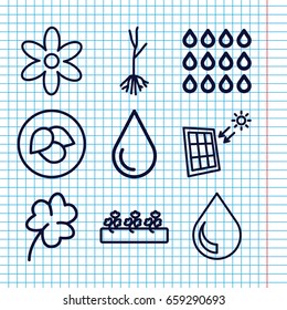 Set of 9 eco outline icons such as leaf, flower, clover, water drop, sprout plants 