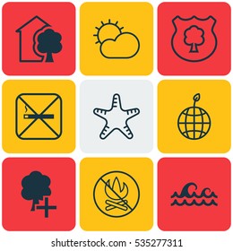 Set Of 9 Eco-Friendly Icons. Includes Fire Banned, World Ecology, Timber And Other Symbols. Beautiful Design Elements.