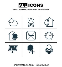 Set Of 9 Eco-Friendly Icons. Includes Pin Earth, Sun Clock, Insert Woods And Other Symbols. Beautiful Design Elements.