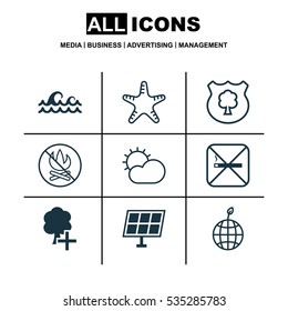 Set Of 9 Eco-Friendly Icons. Includes World Ecology, Fire Banned, Cigarette And Other Symbols. Beautiful Design Elements.
