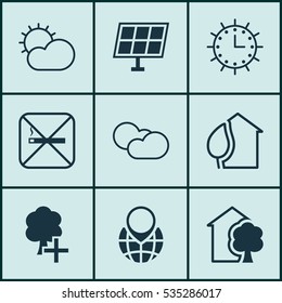Set Of 9 Eco-Friendly Icons. Includes House, Sun Power, Cloud Cumulus And Other Symbols. Beautiful Design Elements.