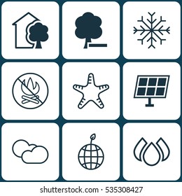 Set Of 9 Eco-Friendly Icons. Includes Cloud Cumulus, Winter Star, Delete Woods And Other Symbols. Beautiful Design Elements.