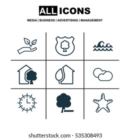 Set Of 9 Eco-Friendly Icons. Includes House, Home, Save World And Other Symbols. Beautiful Design Elements.