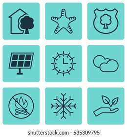 Set Of 9 Eco-Friendly Icons. Includes Sun Power, Sun Clock, Save World And Other Symbols. Beautiful Design Elements.