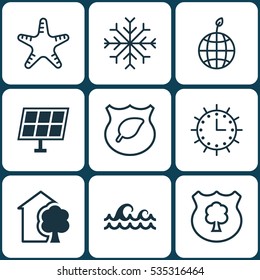 Set Of 9 Eco-Friendly Icons. Includes Sun Clock, Winter Star, Sun Power And Other Symbols. Beautiful Design Elements.