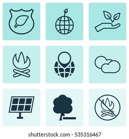 Set Of 9 Eco-Friendly Icons. Includes Pin Earth, Sun Power, Delete Woods And Other Symbols. Beautiful Design Elements.