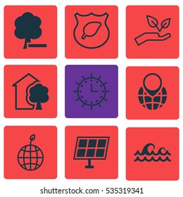 Set Of 9 Eco-Friendly Icons. Includes World Ecology, Sun Clock, Pin Earth And Other Symbols. Beautiful Design Elements.