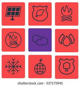 Set Of 9 Eco-Friendly Icons. Includes Cloud Cumulus, Guard Tree, World Ecology And Other Symbols. Beautiful Design Elements.