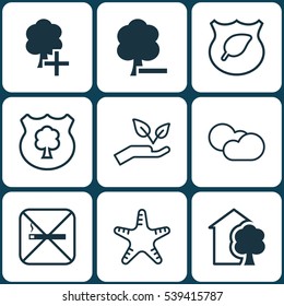 Set Of 9 Eco-Friendly Icons. Includes Sea Star, Insert Woods, Cloud Cumulus And Other Symbols. Beautiful Design Elements.