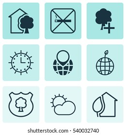 Set Of 9 Eco-Friendly Icons. Includes Sun Clock, Pin Earth, Insert Woods And Other Symbols. Beautiful Design Elements.