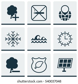 Set Of 9 Eco-Friendly Icons. Includes Delete Woods, Guard Tree, Snow And Other Symbols. Beautiful Design Elements.