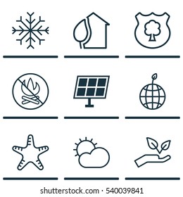 Set Of 9 Eco-Friendly Icons. Includes Home, Sun Power, Timber And Other Symbols. Beautiful Design Elements.