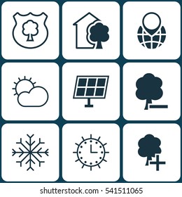 Set Of 9 Eco-Friendly Icons. Includes Snow, Sun Power, Timber And Other Symbols. Beautiful Design Elements.