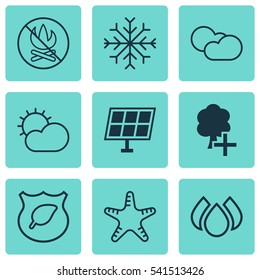 Set Of 9 Eco-Friendly Icons. Includes Cloud Cumulus, Insert Woods, Guard Tree And Other Symbols. Beautiful Design Elements.