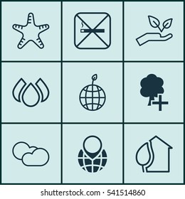 Set Of 9 Eco-Friendly Icons. Includes Aqua, Home, Insert Woods And Other Symbols. Beautiful Design Elements.