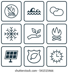 Set Of 9 Eco-Friendly Icons. Includes Cloud Cumulus, Fire Banned, Sun Power And Other Symbols. Beautiful Design Elements.