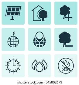 Set Of 9 Eco-Friendly Icons. Includes Pin Earth, Sun Power, Delete Woods And Other Symbols. Beautiful Design Elements.
