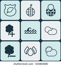Set Of 9 Eco-Friendly Icons. Includes Clear Climate, Cloud Cumulus, Delete Woods And Other Symbols. Beautiful Design Elements.