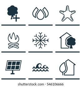 Set Of 9 Eco-Friendly Icons. Includes Bonfire, Insert Woods, Ocean Wave And Other Symbols. Beautiful Design Elements.