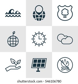Set Of 9 Eco-Friendly Icons. Includes Sun Clock, Sun Power, Timber And Other Symbols. Beautiful Design Elements.