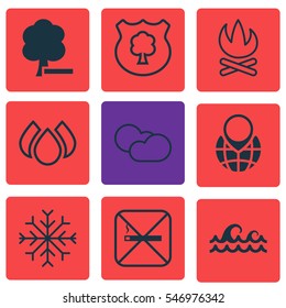 Set Of 9 Eco-Friendly Icons. Includes Cigarette, Delete Woods, Ocean Wave And Other Symbols. Beautiful Design Elements.