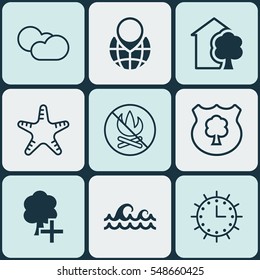 Set Of 9 Eco-Friendly Icons. Includes Ocean Wave, Cloud Cumulus, Insert Woods And Other Symbols. Beautiful Design Elements.