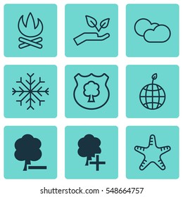 Set Of 9 Eco-Friendly Icons. Includes World Ecology, Bonfire, Cloud Cumulus And Other Symbols. Beautiful Design Elements.