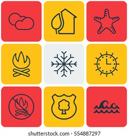 Set Of 9 Eco-Friendly Icons. Includes Fire Banned, Snow, Sun Clock And Other Symbols. Beautiful Design Elements.