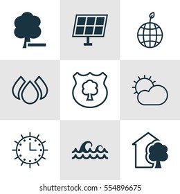 Set Of 9 Eco-Friendly Icons. Includes Ocean Wave, Sun Power, Delete Woods And Other Symbols. Beautiful Design Elements.