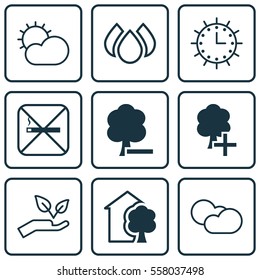 Set Of 9 Eco-Friendly Icons. Includes Delete Woods, Aqua, Sun Clock And Other Symbols. Beautiful Design Elements.