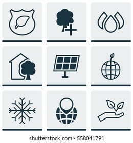 Set Of 9 Eco-Friendly Icons. Includes Guard Tree, Pin Earth, World Ecology And Other Symbols. Beautiful Design Elements.