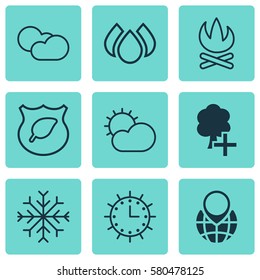 Set Of 9 Eco-Friendly Icons. Includes Clear Climate, Bonfire, Insert Woods And Other Symbols. Beautiful Design Elements.