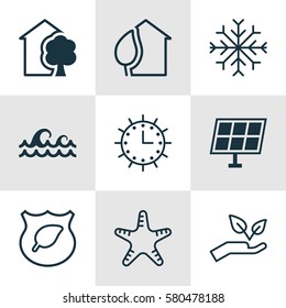 Set Of 9 Eco-Friendly Icons. Includes Save World, Home, Sea Star And Other Symbols. Beautiful Design Elements.