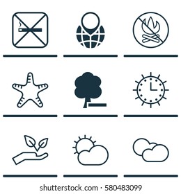 Set Of 9 Eco-Friendly Icons. Includes Sun Clock, Save World, Fire Banned And Other Symbols. Beautiful Design Elements.