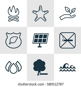 Set Of 9 Eco-Friendly Icons. Includes Ocean Wave, Bonfire, Sea Star And Other Symbols. Beautiful Design Elements.