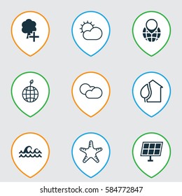 Set Of 9 Eco-Friendly Icons. Includes Insert Woods, Sea Star, Cloud Cumulus And Other Symbols. Beautiful Design Elements.