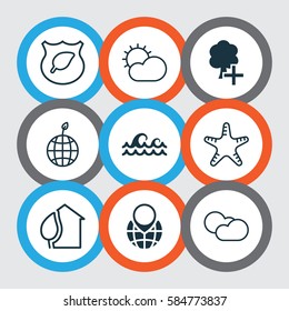Set Of 9 Eco-Friendly Icons. Includes Pin Earth, Cloud Cumulus, Clear Climate And Other Symbols. Beautiful Design Elements.
