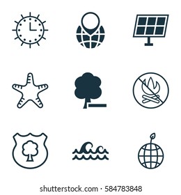 Set Of 9 Eco-Friendly Icons. Includes Sun Clock, Timber, Pin Earth And Other Symbols. Beautiful Design Elements.