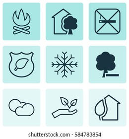 Set Of 9 Eco-Friendly Icons. Includes Delete Woods, Home, Cloud Cumulus And Other Symbols. Beautiful Design Elements.