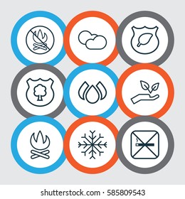 Set Of 9 Eco-Friendly Icons. Includes Guard Tree, Cloud Cumulus, Bonfire And Other Symbols. Beautiful Design Elements.