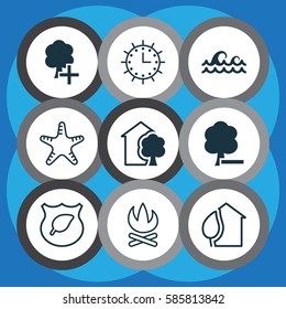 Set Of 9 Eco-Friendly Icons. Includes Sea Star, Bonfire, House And Other Symbols. Beautiful Design Elements.